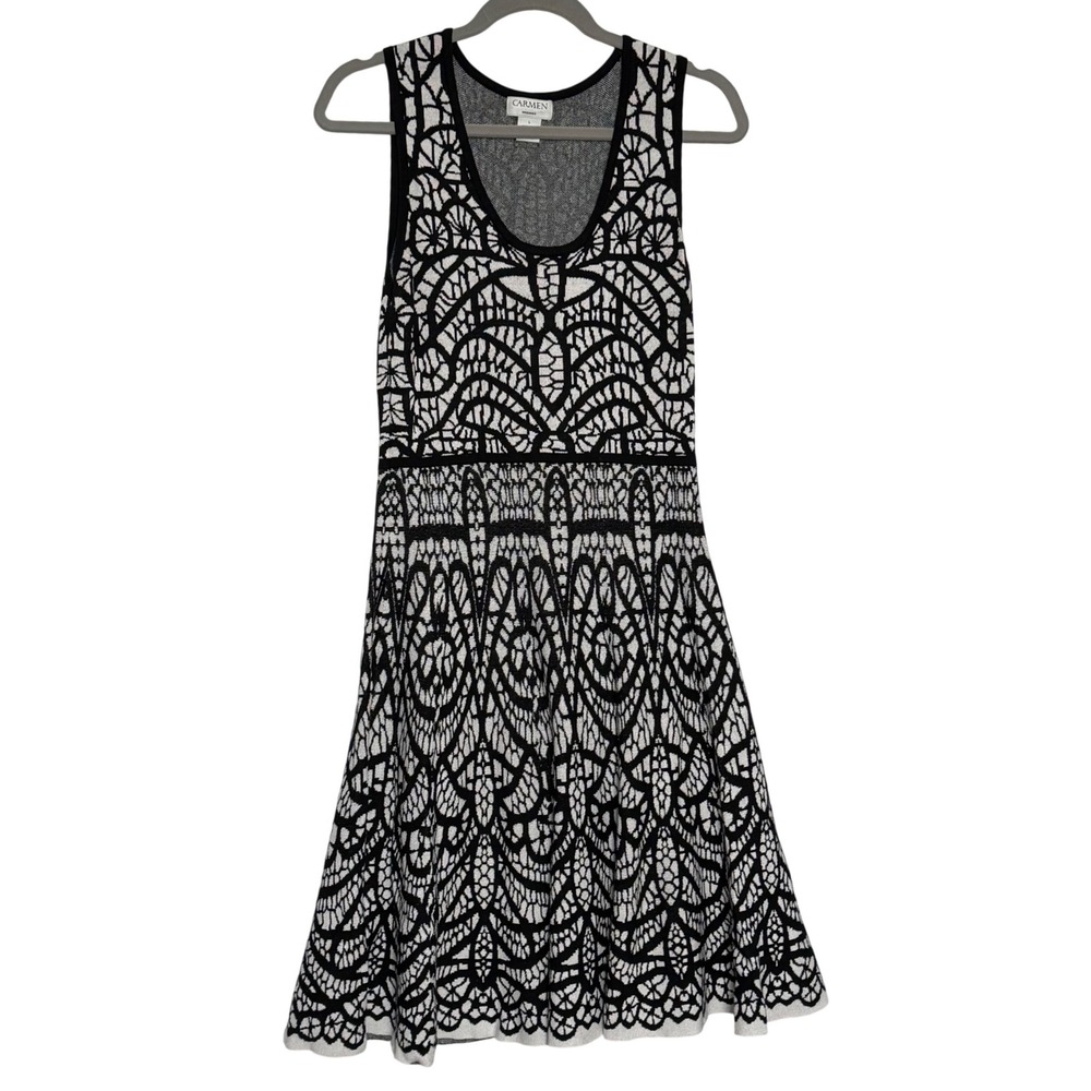 Carmen‎ Marc Valvo Black White Knit Fit & Flare Sleeveless Dress Size Large
